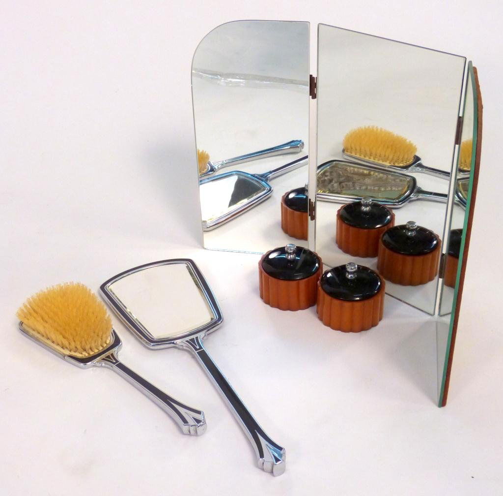 5 Piece Assembled Art Deco Dresser Set: bakelite, etc.