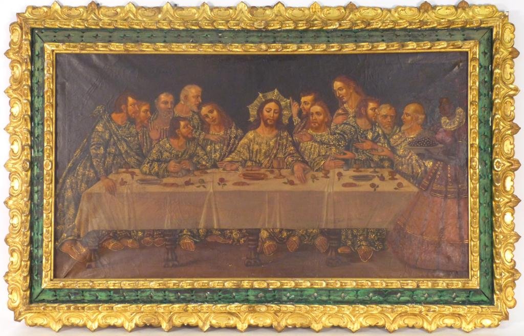 Antique Spanish Colonial Last Supper" Painting": 13 Figures Plus an African woman in an English dress serving fruit. Framed in an elaborate carved, gilt and painted frame.