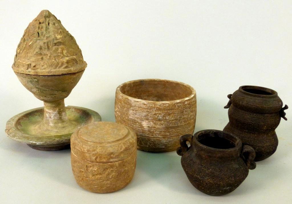 5 pieces of Chinese Earthenware Pottery: Triple gourd incense burner with bird finial. 5H. Chinese Han Dynasty Earthenware Incense Burner. Mountain form. 10 1/4"H. Warring States earthenware pot 3 1/4". Two cylindrical warring states earthen