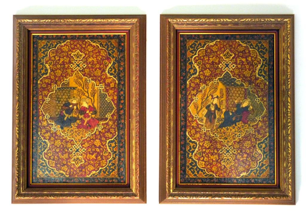 2 Persian 19th Century Paintings on Papier Maché: Antique gold carved wooden frames. 14H x 8 3/4" W (18" H x 12 1/2"W)"