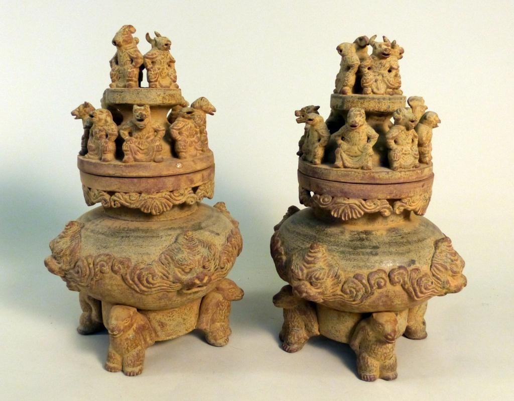 Pair Chinese Incense Burners Han Dynasty Style: With Zodiac covers. Supported by animal form feet. Intricate lids. Ceramic incense burners. 9 D x 14" H"