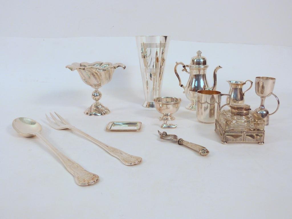 Collection of Assorted Silverplate Items: 13 pieces includes Sheffield, Vase by Vera Wang, Bottle Opener w/ 800 silver handle, hammered metal candy dish,