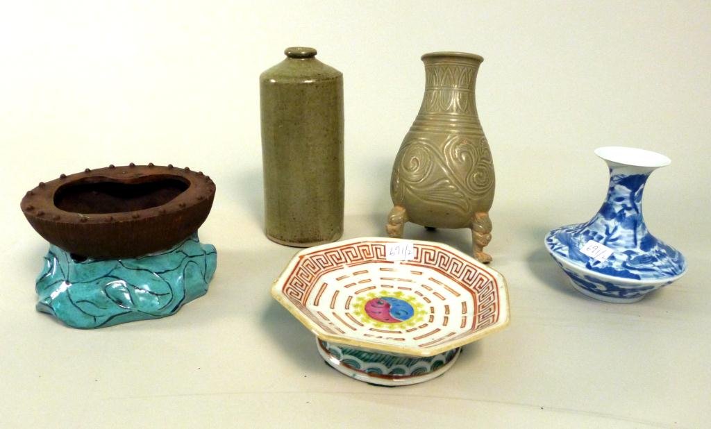 5 Chinese Porcelain Articles: Provincial ware dish and a blue and white unglazed vase (with two small chip) 5 to 6 1/2". Four Ceramic Pieces: A figure of a couple; a bottle; a brush washer bowl and a vase. 3 1/2" to 8""