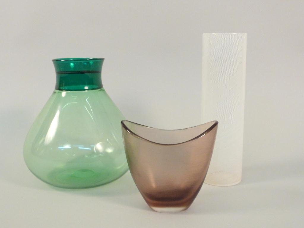 3 Pieces of Venini Italia Art Glass Vases ****: Green large beaker shaped (9 1/2 H) , one is a violet hued wide mouth (5 1/2" H), and one is white striated pattern (10 1/2"H) - All signed **** Condition update**** The bottom of the white vase appea