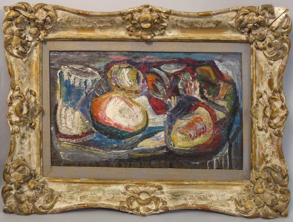 Jan Cybis (Polish 1897 - 1972) - Oil on Canvas: Fruit table still life. Hard lacquered canvas back. Stamp of Norman Carton of Philadelphia. 9 3/4 X 16" (17" X 23")"