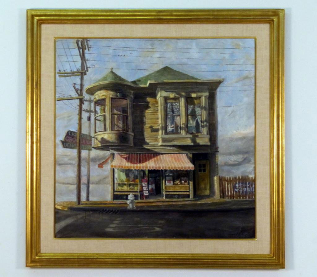 Raymond Rowley King (American 1927-1984) Oil: The Back reads Coming Home from Mamies" The corner Laguna and Green. Signed Raymond Rowley King. San Francisco Calif. Dec. 1 1977. 33 1/2"H x 33 1/2"W (43 1/2"H x 43 1/2"W)"