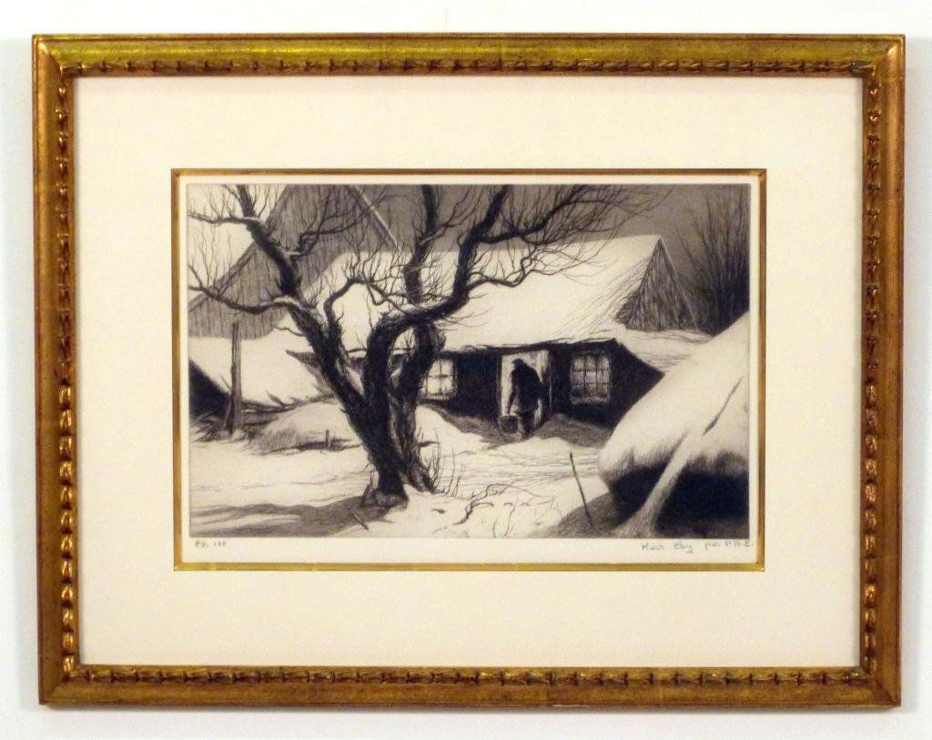 Kerr Eby (1889-1946) - Etching - Cow Shed"": On wove paper. Framed and matted under glass. Edition 100. Signed in pencil lower right. 11H x 15 1/2"W (18x"H x 23 1/2"W)"