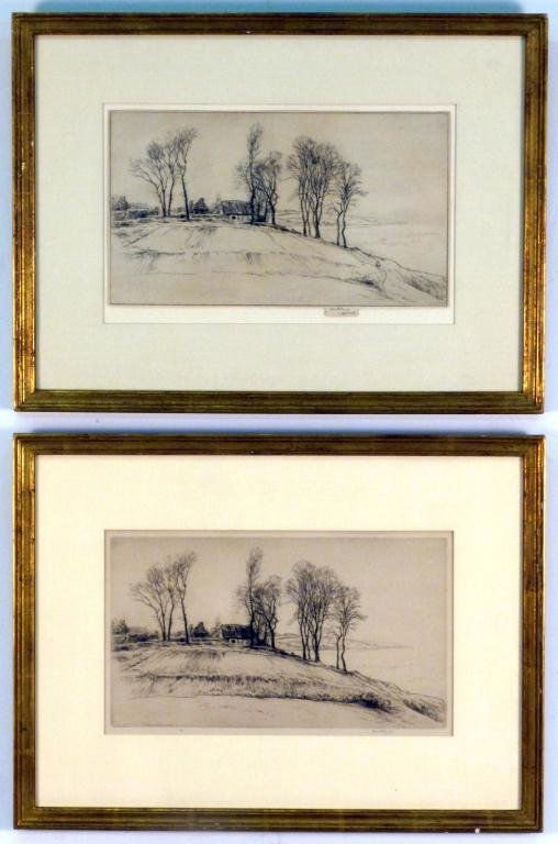 Kerr Eby (1889-1946) - Pair Etchings: Farm Landscapes. Framed and matted under glass. Signed lower right 1925/1927 - 8H x 14"W (16 1/2"H x 22"W)"