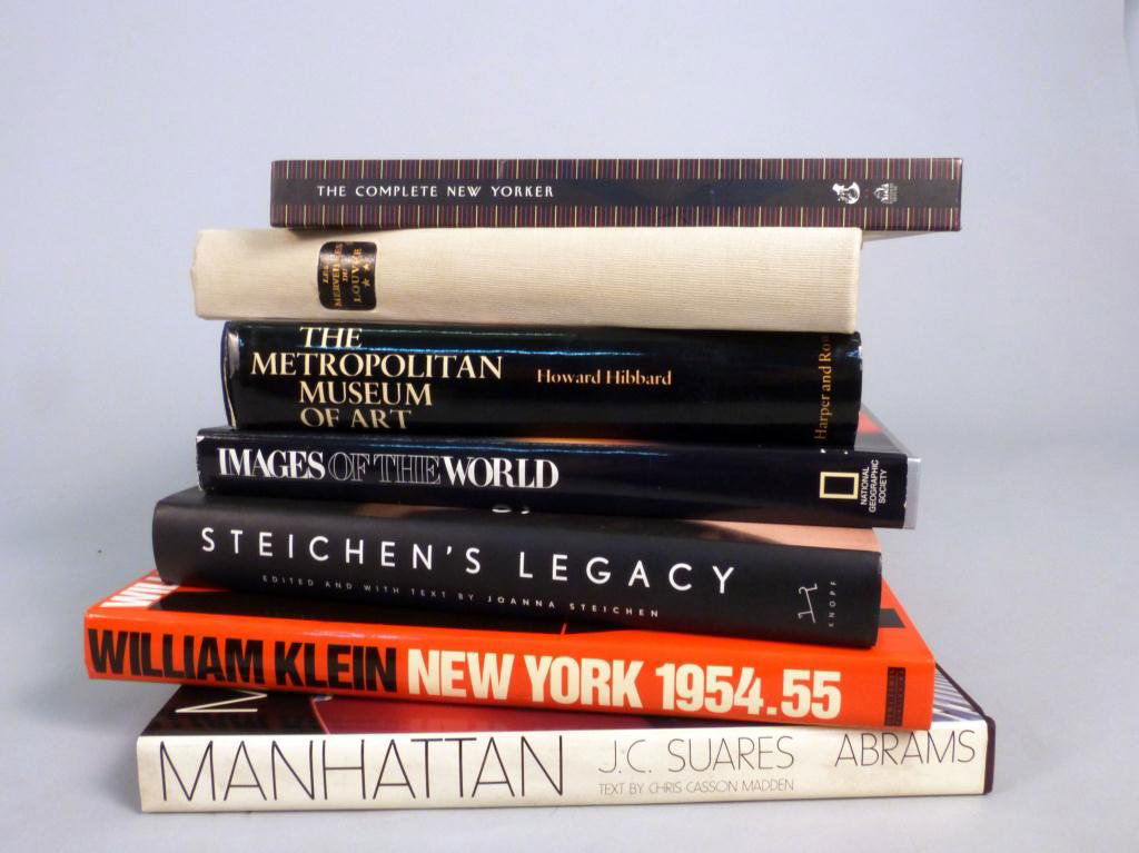 Assorted Coffee Table Books: Including The Complete New Yorker", "The Metropolitan Museum of Art", "Les Merveilles Du Louvre", National Geograhic's "Images of the World", "New York" by William Klein and "Manhattan" by JC Suares"