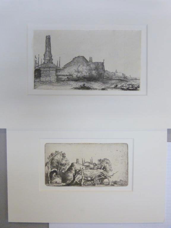 2 Etchings - Rembrandt and Bloemaert (Both Dutch): Landscape with Obelisk 3 1/2 X 6" (8"X 11"), cleaned and laid on paper. Farmhouse with figures 2 1/2" X 5" (7" X 9"), trimmed with slight damage."