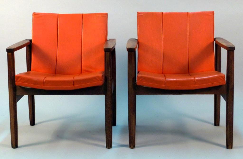 Pair John Stuart Arm Chairs: Cloth Label. Squared Channel backs. 24 1/2"W x 21 1/2"D x 30"H