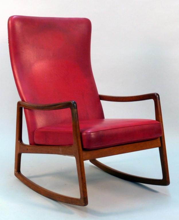 Danish Modern High Back Rocker: Attributed to John Stuart. Vinyl as is. 24 1/2"W x 26 1/2"D x 40 1/2"H
