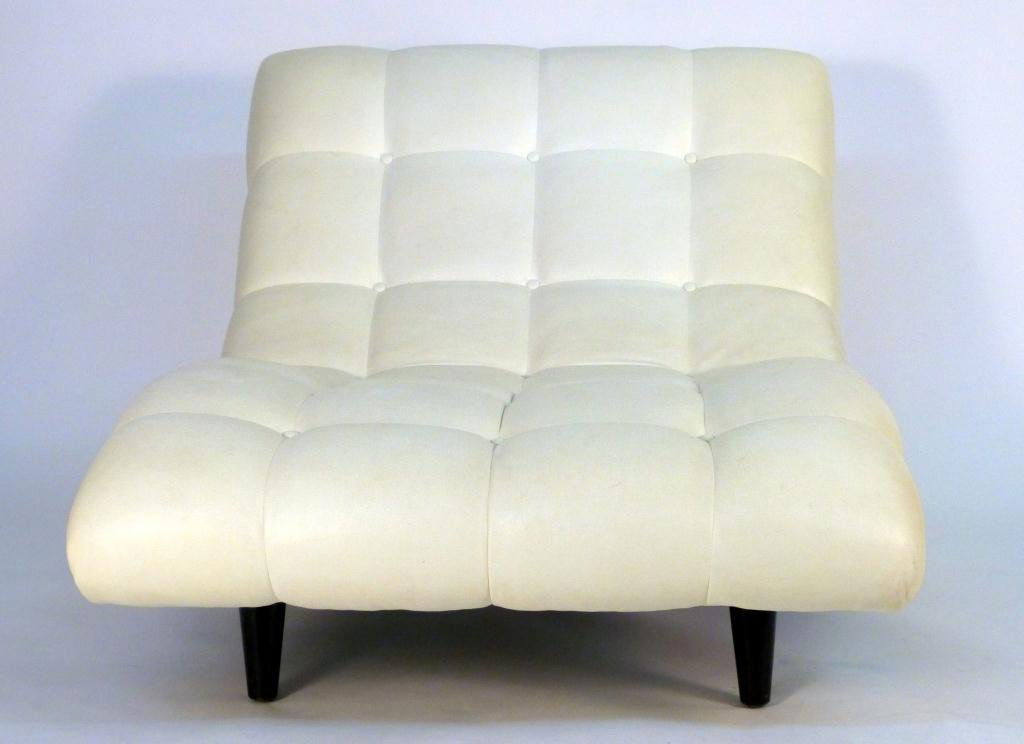 Modern White Leather Upholstered Chaise: in Loveseat width. button tufted in butter soft leather, on an ebonized base frame.