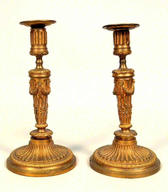Pair French Ormolu Bronze Candlesticks: Stop fluted and valance designs. 10 1/2 T"