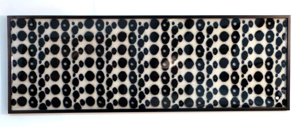 Rare Framed Christian Dior Wool Scarf: Black circles and dots on white, in ebonized wood frame.