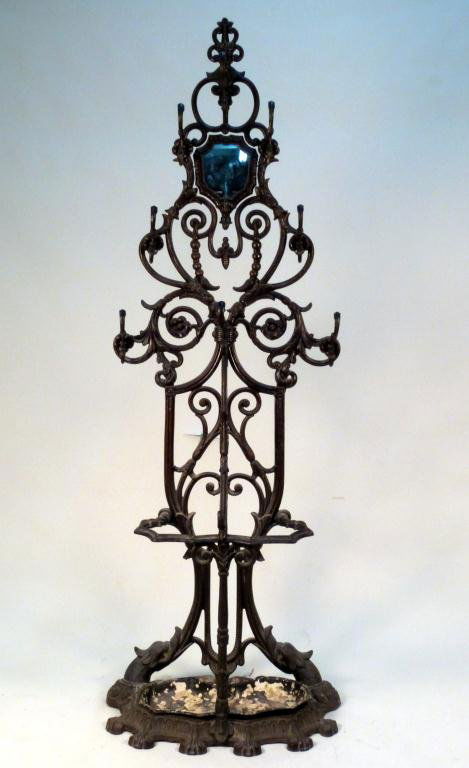 Victorian Style Cast Iron Coat Rack: Mirror swivel insert, bottom tray 26W x 11"D x 77"H"