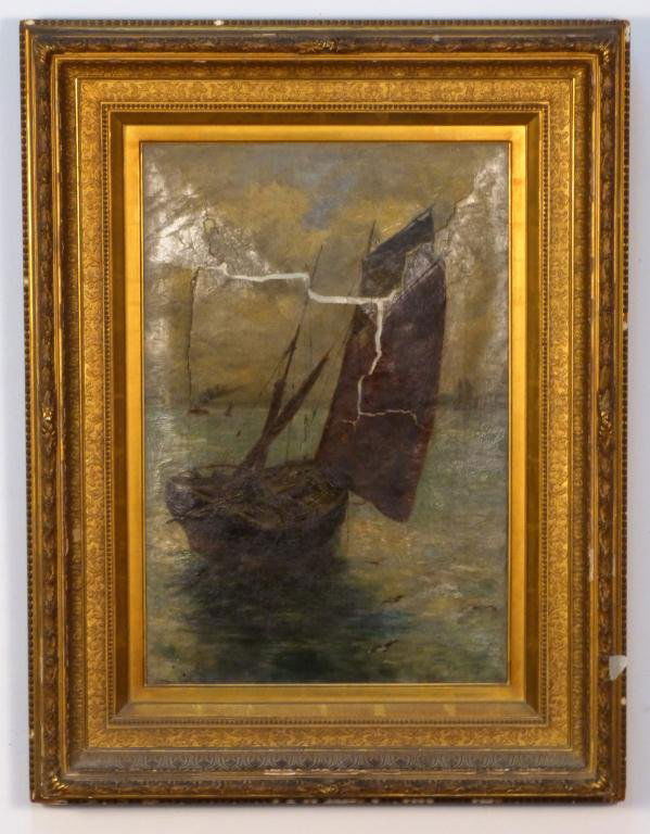 Arthur Hoeber (American, 1854-1915) - Oil: Oil on canvas - Sailboat entering Venetian Canal. Needs restoration. 21 1/2H x 14"W (31"H x 24"W)"