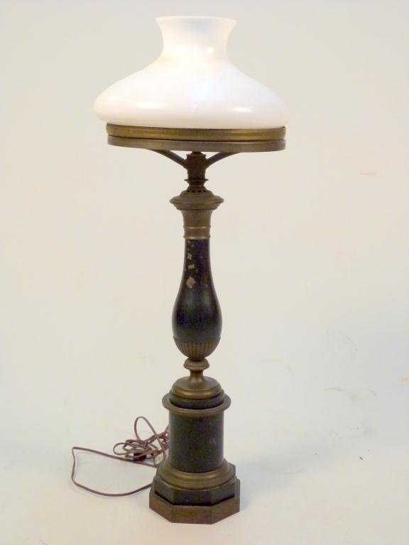 Mixed Metal American Student's Lamp: Ebonized finish needs touch up. Milk glass shade. 31H"
