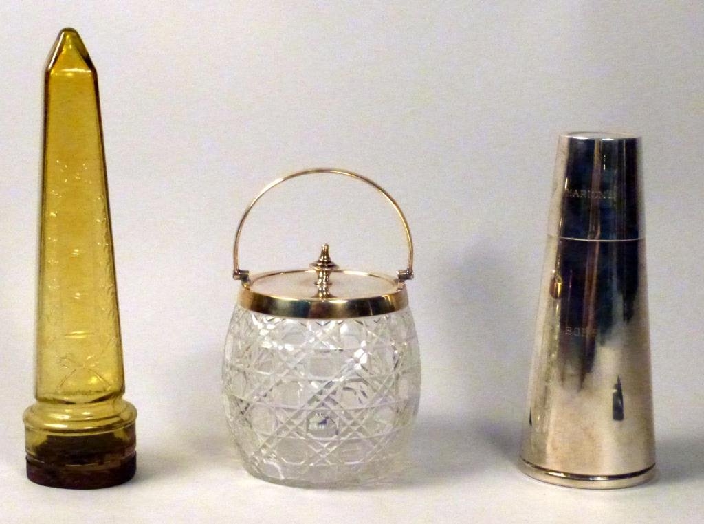 3 Glass & Metal Objects: Includes Glass Obelisk Oil Lamp, Cut Glass Bon-bon Jar, and Chromed Deco Martini Shaker (Napier)
