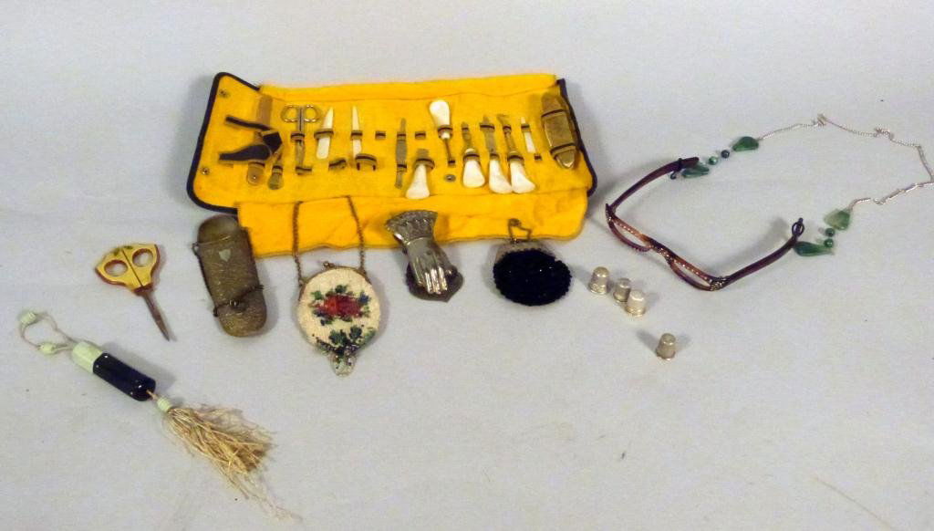 Leather Necessaire Case & Dresser Articles: French Vintage articles - Necessaire with mother of pearl handle set, Jeweled Eyeglass Frames, Jeweled and bone handled necessaire hard case, beaded change purses, Sterling thimbles....