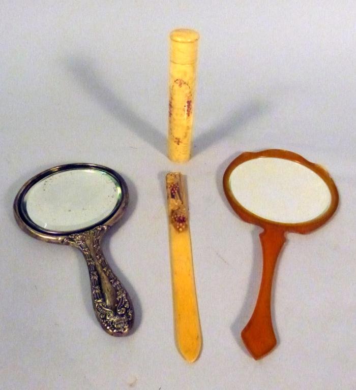 4 Dresser Articles: Sterling hand mirror, retro bakelite style hand mirror, bone letter opener and tubular box.