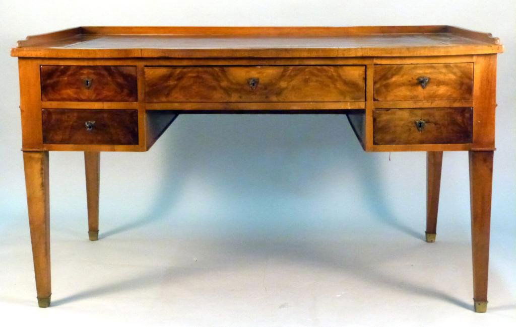 Biedermeier Style Executive Desk: Blue Greek Key Tooled Leather Top, 5 Drawers with original keys, 3/4 Gallery Lip Top. 55L x 35"W x 32"H"