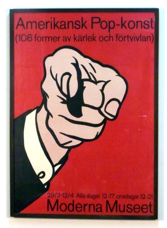 Roy Lichtenstein - Stockholm Exhibition Poster: Roy Lichtenstein Hey You" image. This poster was created for the exhibition Amerikansk Pop-konst at the Moderna Museet, Stockholm (February 29-April 12, 1964). 40"H x 29"W"