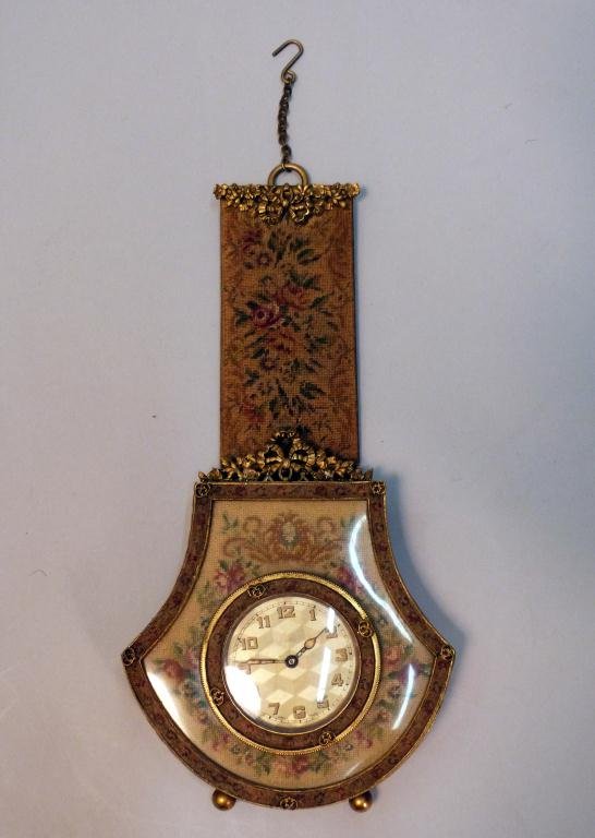 Miniature Clock in Needlepoint Frame & Fob: Swiss made clock, petit point in a bronze frame. Total height 8 1/2"