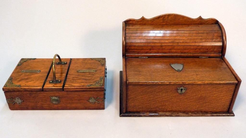 English Oak Smokers Box and Letter Box: Metal mounted Smoker's Box: 10 1/4L x 6"W x 5 1/2"H Letter Box with center joined covers of solid and tambour styles: 12 1/2"L x 8 1/2"W x 8 1/2"H"