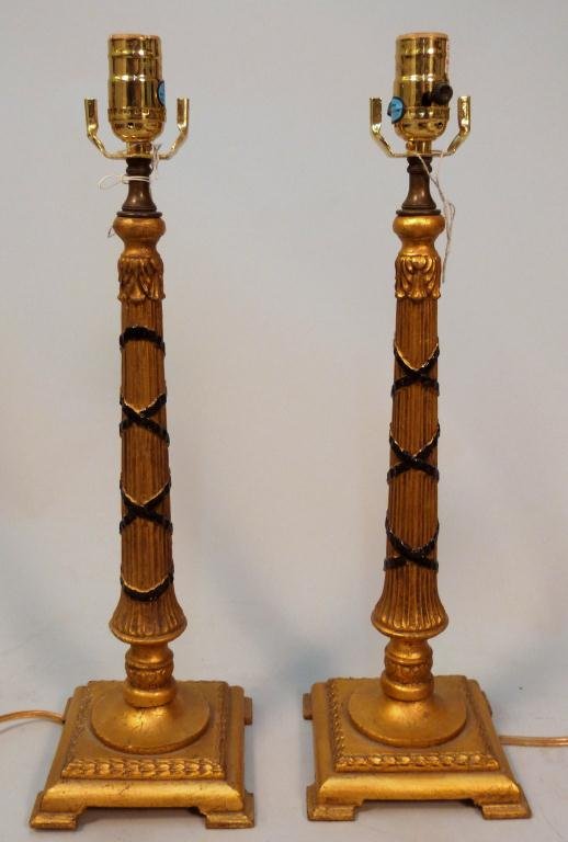 Pair Gilt Wood Columnar Table Lamps: 20H. Ebonized ribbons."