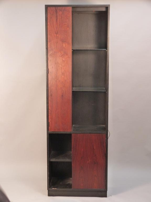 Modern Wood Tall Open Bookcase: Ebonized with walnut doors. Wired for light. 26L x 14"D x 82"H"