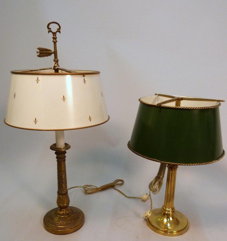 2 Bouillotte Lamps: White Shade (26 1/2H) Small Green Shade (17 1/2") is missing screw top. Shades are tole."