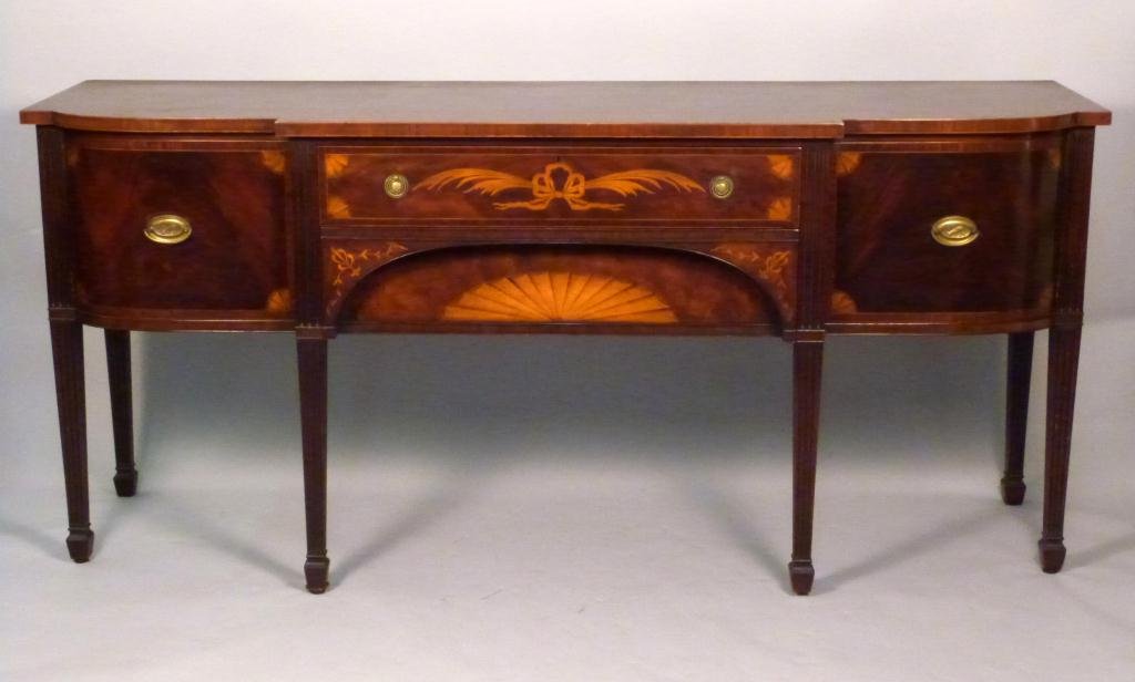Schmieg Hungate Kotzian Sideboard: Hepplewhite Style Inlaid with Ribbons, Feathers and Fans. SHK Stamp on lock and on drawer. 79 1/2L x 24"W x 36"H Note: Karl Schmieg and Henry Kotzian apprenticed in London in the first years of the 20