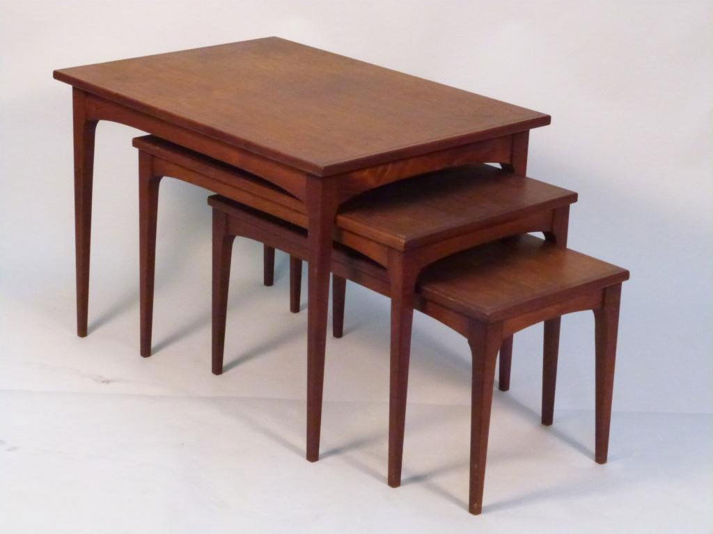 Mid Century Modern Nesting Tables: Sculpted walnut. Dunbar Style. 30L x 21 1/2"W x 21 1/2"H"
