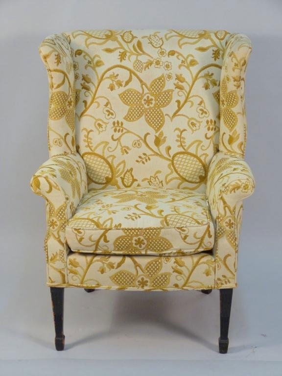 English Wing Back Arm Chair: Hepplewhite style legs with oversized wing back and roll arms. 30W x 21" D x 40"H"
