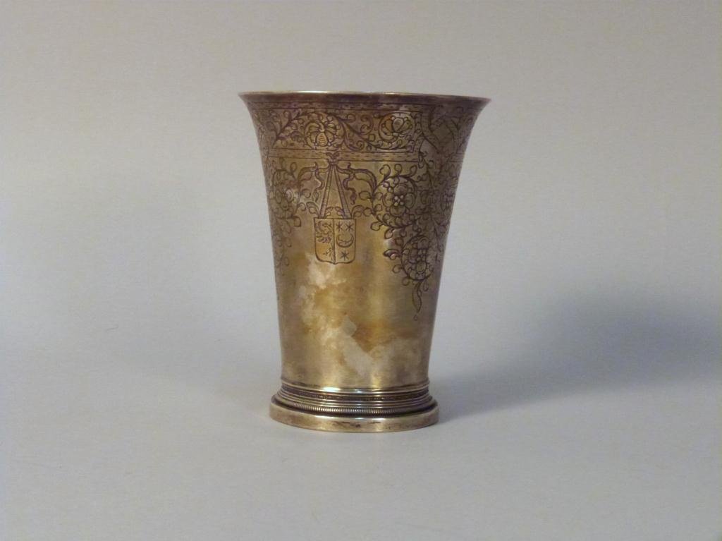 Continental Silver Engraved Beaker: With hallmarks and maker names on base.