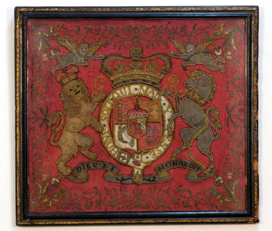 Antique Embroidered English Royal Coat of Arms: Includes the motto of the British Monarchy : Dieu et mon droit. 18 1/2H x 21"W (21 1/2"H x 24"W)"