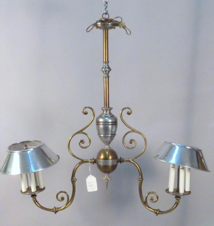 Modern Mixed Metal Dining Room Chandelier: Tole shades and scroll mounts. 40W x 35"H - Also as a Billiard Fixture"