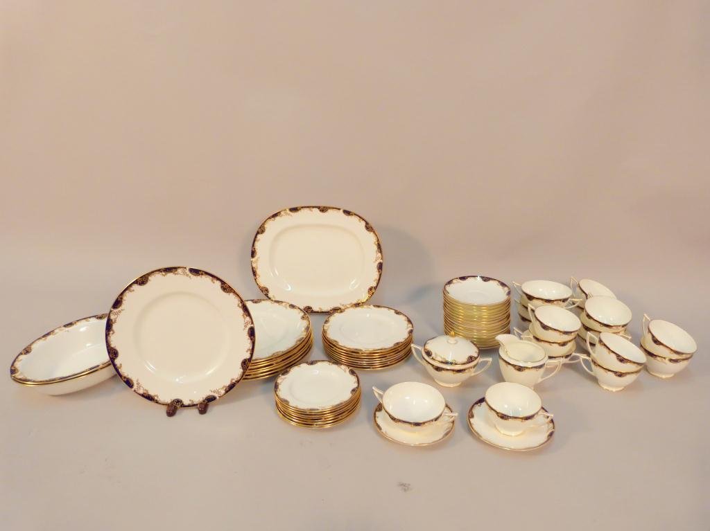 60 + Piece Minton Versailles" Pattern Dinner Set": 8 dinner plates, 1 platter, 2 serving bowls, 8 salad plates, 8 bread/butter plates, sugar & creamer, 18 saucers, 12 cups, 5 soup cups