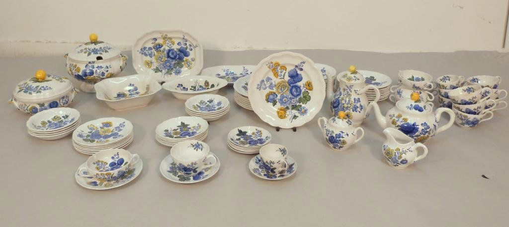 Large Set Copeland Spode China Blue Flowers"": England. Assembled Set of Spode and Copeland Spode; 8 Dinner Plates, 8 Salad Plates, 8 Soup Bowls, 6 Soup Cups, 8 Saucers, 7 Large Cups, 6 Small Cups, 7 Saucers, 8 Smaller Bowls, Tea Pot, Coffee Pot,