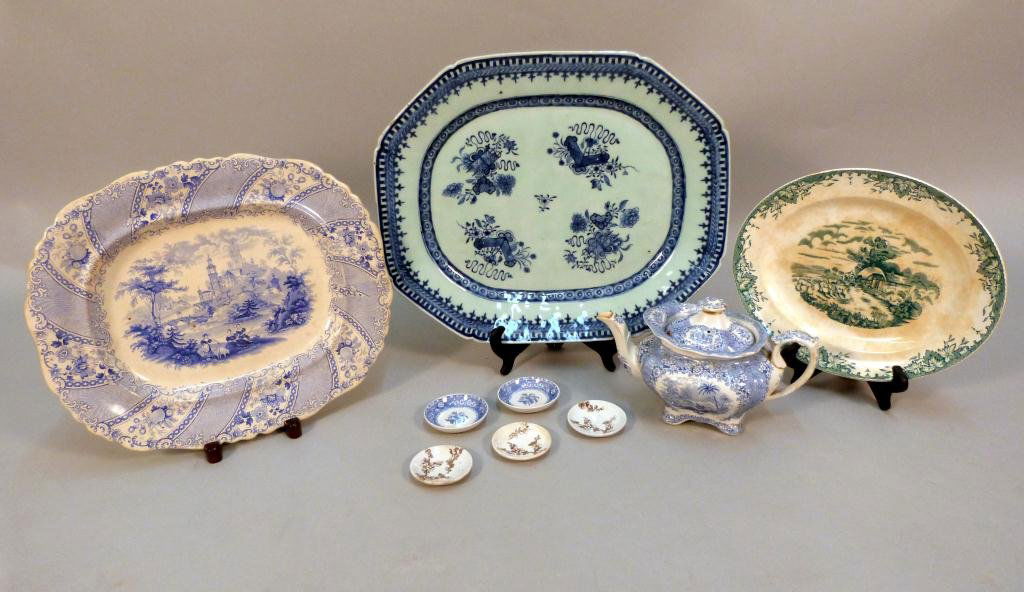 Collection of English Ironstone: 3 Platters, Tea Pots, 5 Small Plates- Spode, Staffrodshire etc.