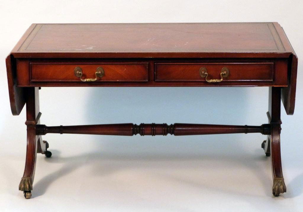 Regency Style Sofa Table: Tooled leather top (as is) 32L x 21"D x 17 1'2"H, 7" drop leaf on each side."