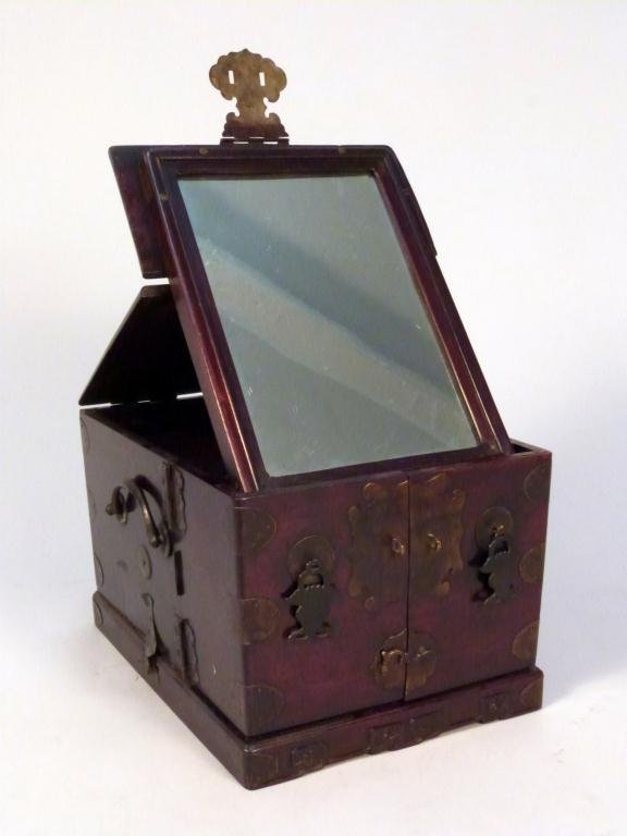 Korean Vanity Jewelry Chest: Tilt up mirror, pull and swing drawers. Closed: 12L x 9"W x 8"H"