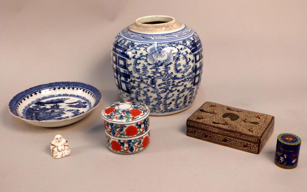 Oriental Decorative Objects: Including 2 Cloisonne boxes, Porcelain box, Shallow bowl,