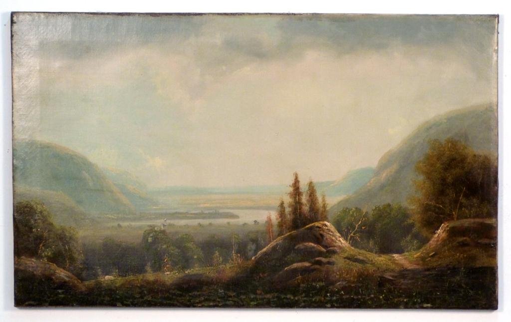 Unsigned Oil on Canvas - Hudson River School: Landscape with river. Perhaps relined. 22H x 36"W"
