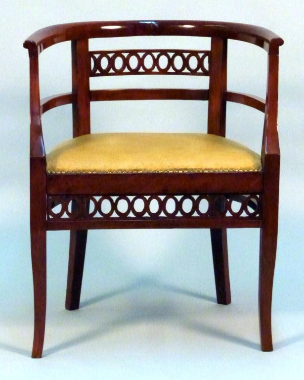 Antique Biedermeier Roundabout Arm Chair: Oval carved bridge back and apron. 23W x 18"D x 28 1/2"H"