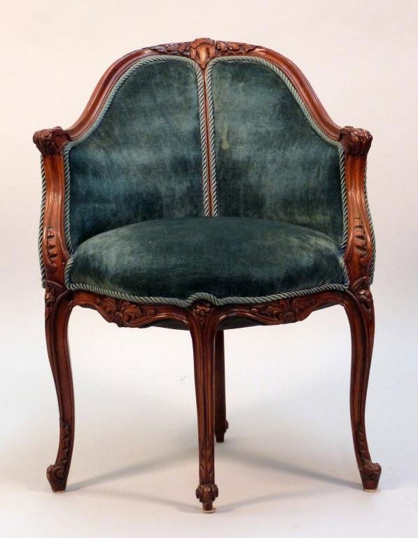 Country French Corner Chair: Carved and green upholstered. 25 1/2 W x 21"D x 33 1/2"H"