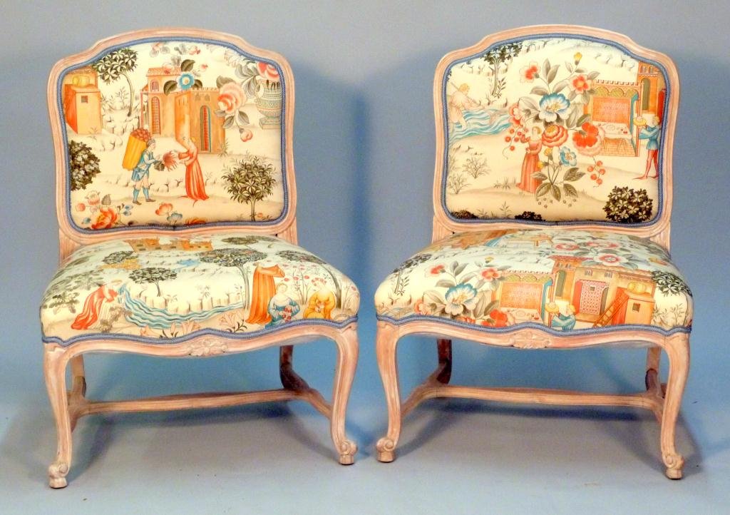 Pair French Provincial Slipper Chairs: Custom print figural fabric, nicely carved. 26W x 24"D x 33 1/2"H"