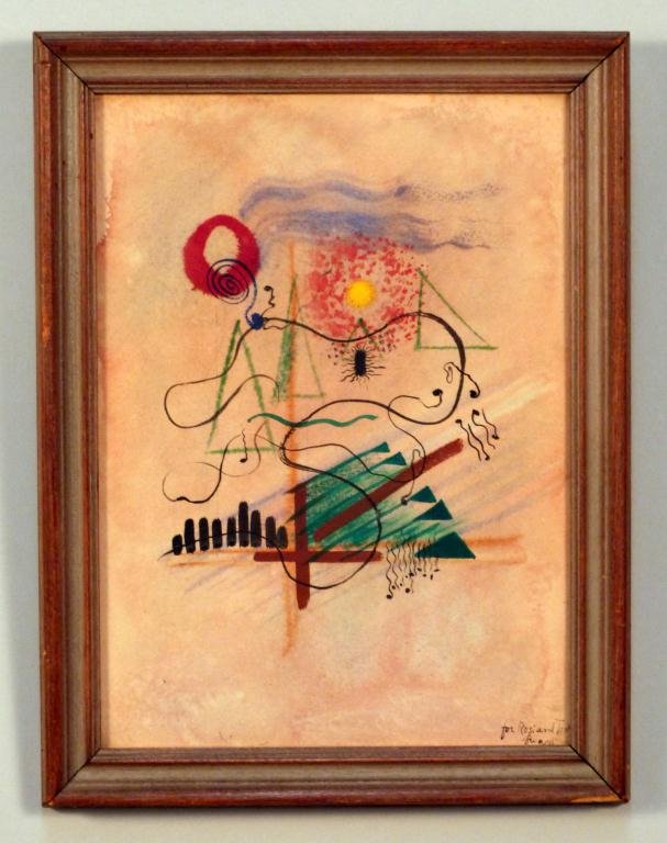 Signed Illegible - Abstract Work on Paper: Mid Century. Dedicated to Rosi & Toni. In the manner of Paul Klee. 13H x 9 1/2"W"