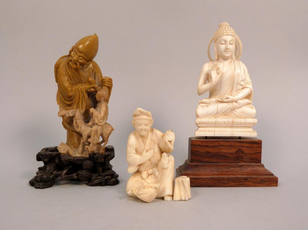 3 Chinese Carved Figures - 2 Ivory: Ivory Buddha, Ivory seated man (as is) and a soapstone figural group.